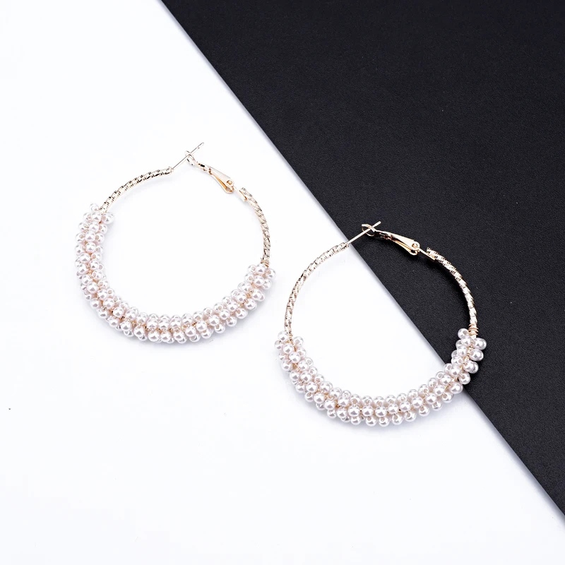 1Pair Bohemian White Small Bead Gold Color Big Hoop Earrings For Women Fashion Endless Round Earings Jewelry Grandes E395-1 | Украшения и