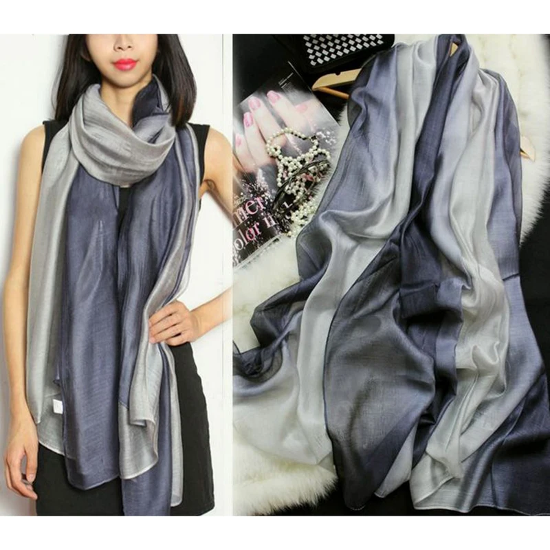 

[RUNMEIFA] 100% Real Silk Scarves Wrap Shawl Hijab for Women Gradient Solid Color Long Fashion Muslim Foulard Female 190x65cm