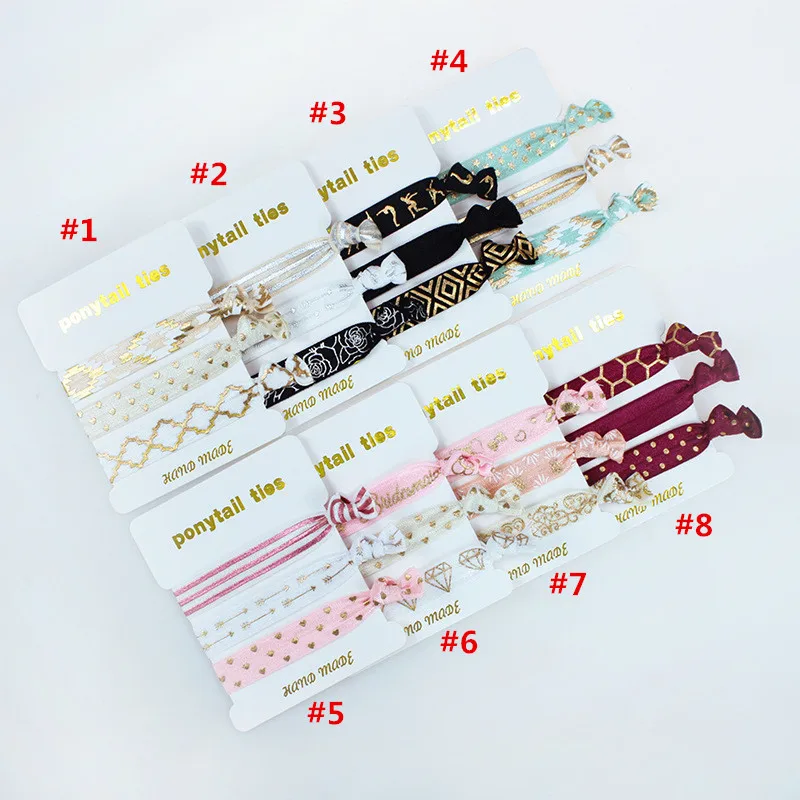 

30 card/ lot , 5/8" FOE TIES printed Knotted Girl FOE fold elastic fashion ties 3 different designs boutique hot sale