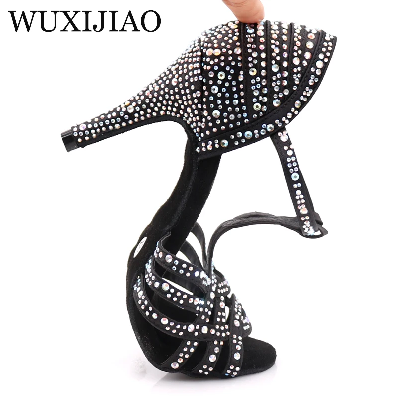 WUXIJIAO/женские вечерние туфли для танцев; Сатиновые блестящие стразы; обувь для латинских танцев на мягкой подошве; женская обувь для сальсы; heel5CM-10CM