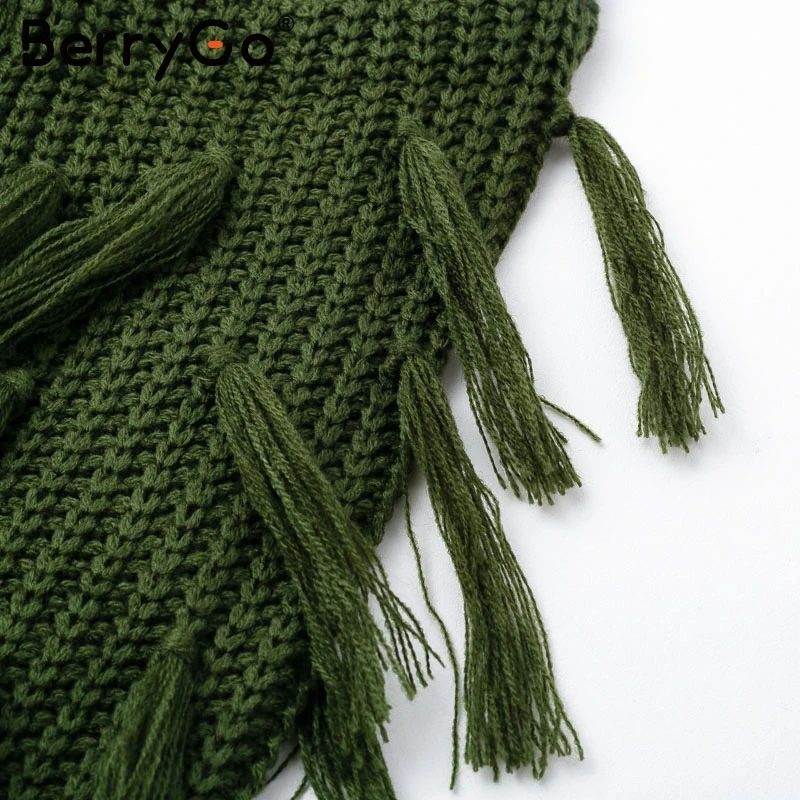 BerryGo Vintage tassel o neck sweater women Streetwear long sleeve winter jumpers 2018 Army green pullover femme jumper | Женская одежда