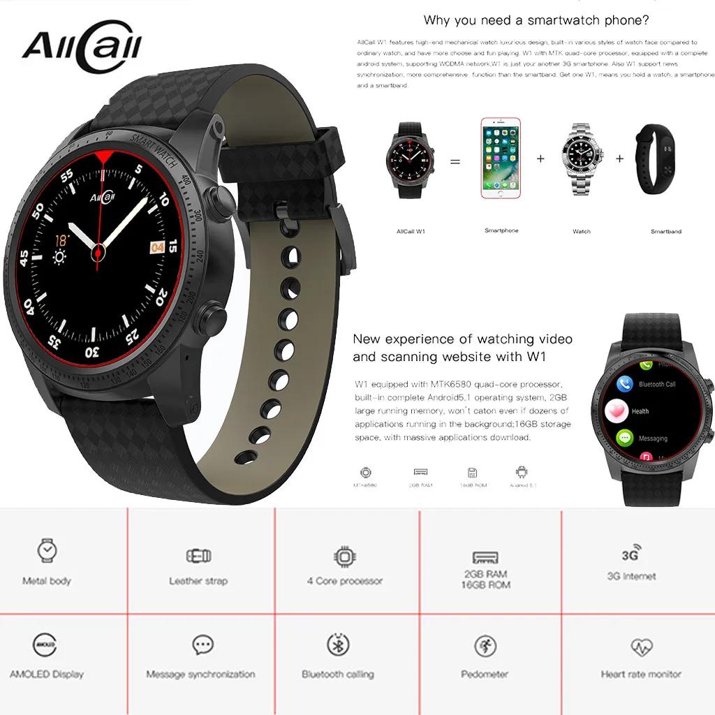 AllCall W1 3g Smartwatch телефон Android четырехъядерный 2 ГБ+ 16 Гб монитор сердечного ритма 400 мАч Reloj Inteligente 19Mar28