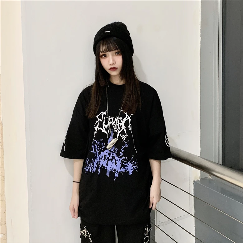 Harajuku Darkness женская футболка фиолетовая молния звезды печатные o-образным вырезом с коротким рукавом черный серый повседневные женские футболки Готический Тройник