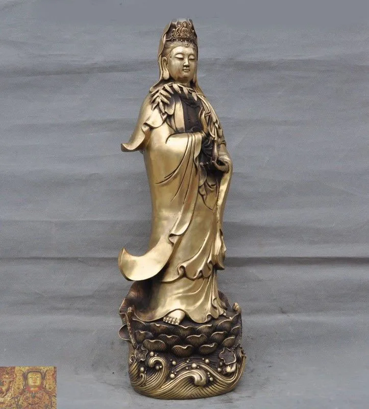 

wedding decoration 24"China Buddhism brass copper lotus Kwan-yin Guanyin Bodhisattva Buddha statue New Year