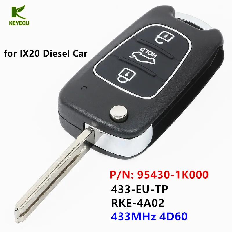 KEYECU Thay Thế Nâng Cấp Lật Từ Xa Key Fob 433 mhz 4D60 cho Hyundai IX20 (2010-2015) p/N: 95430-1K001 (DIESEL Xe Ô Tô)