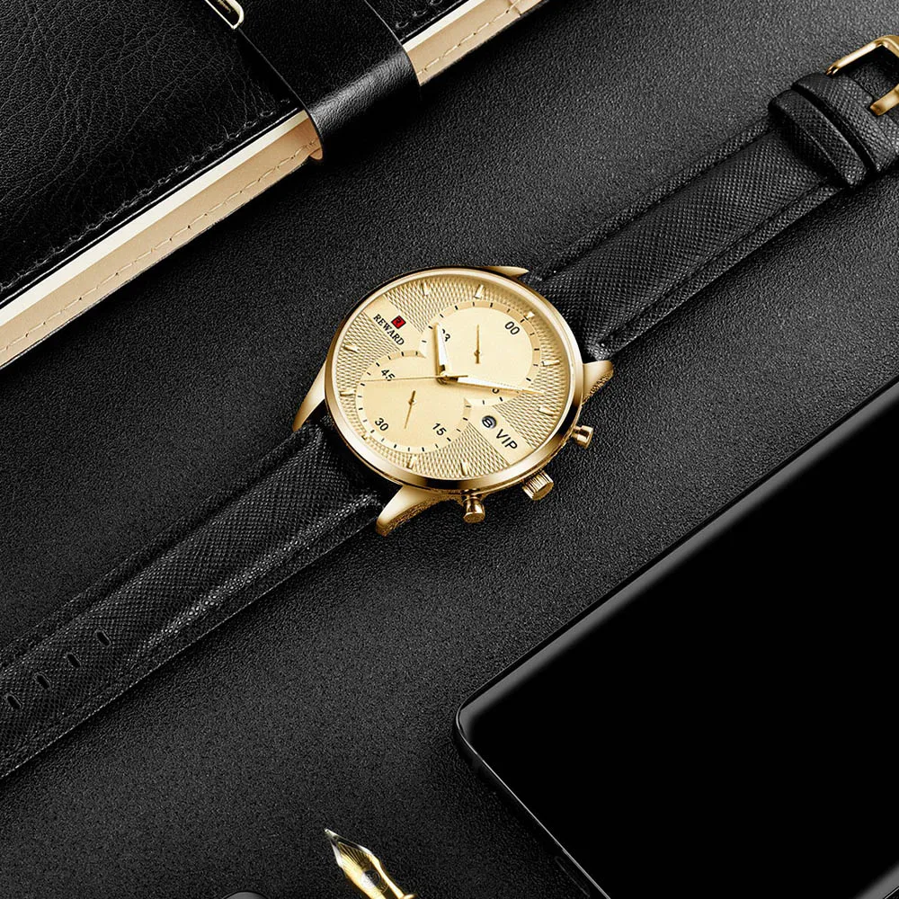 Часы наручные мужские кварцевые с хронографом и ремешком из натуральной