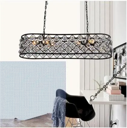 

American rectangular crystal chandelier retro wrought iron oval chandelier villa restaurant living room lamp country LED