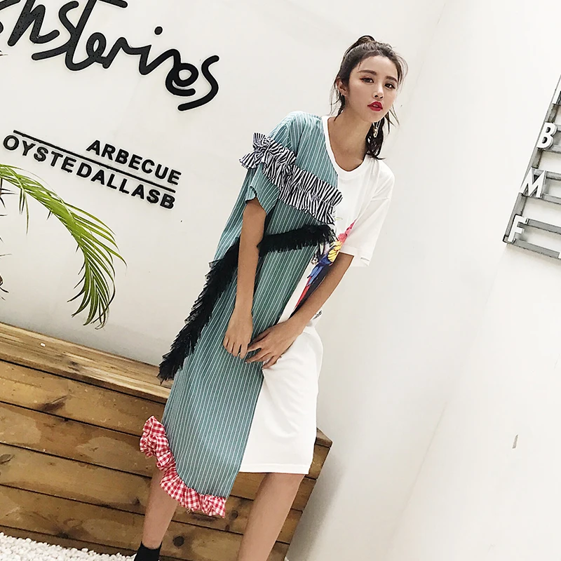 Лето Асимметричный в полоску платье В лоскутном стиле для Для женщин пикантные
