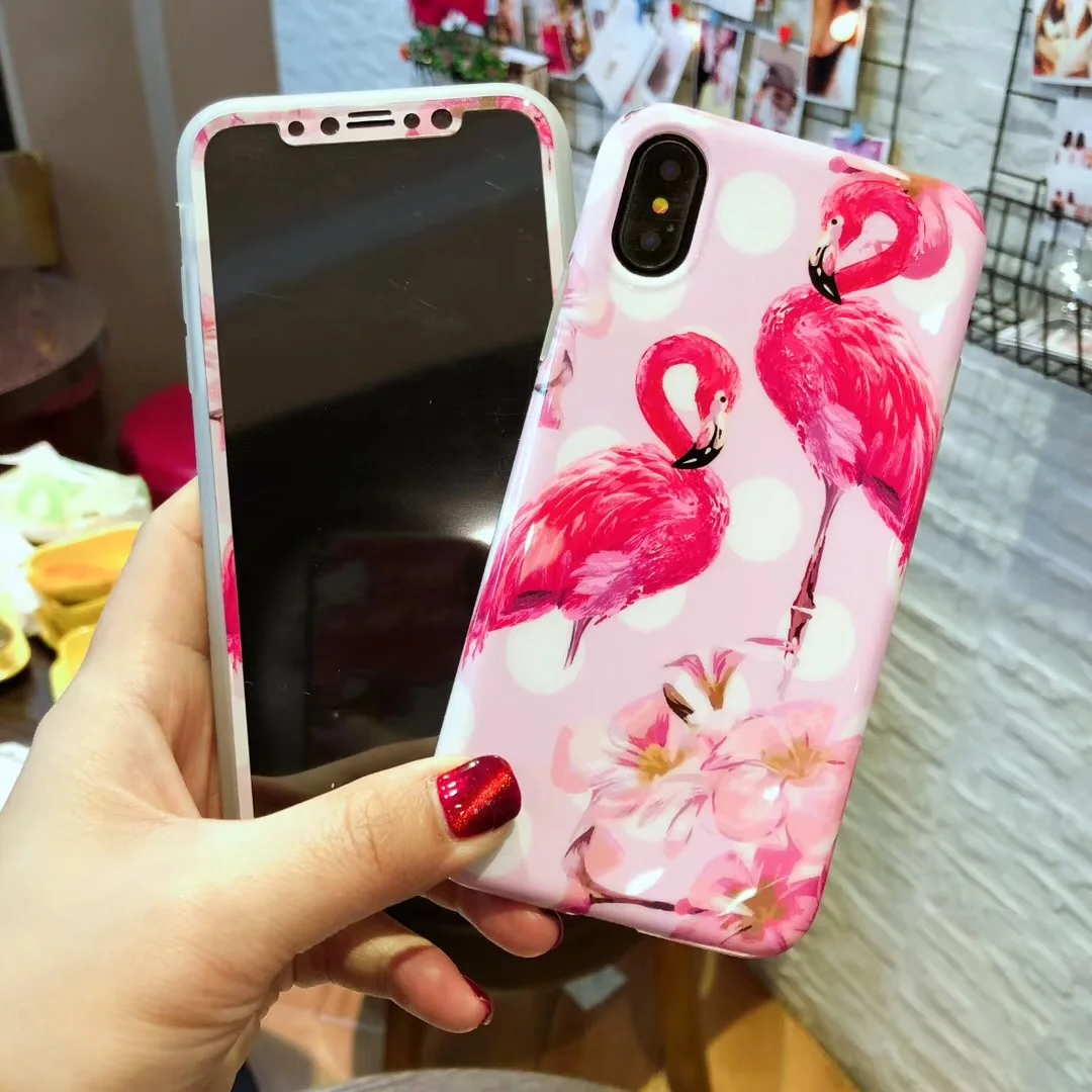 Мягкий чехол IMD с рисунком фламинго и цветов для iPhone 7 8 plus X XS закаленное стекло