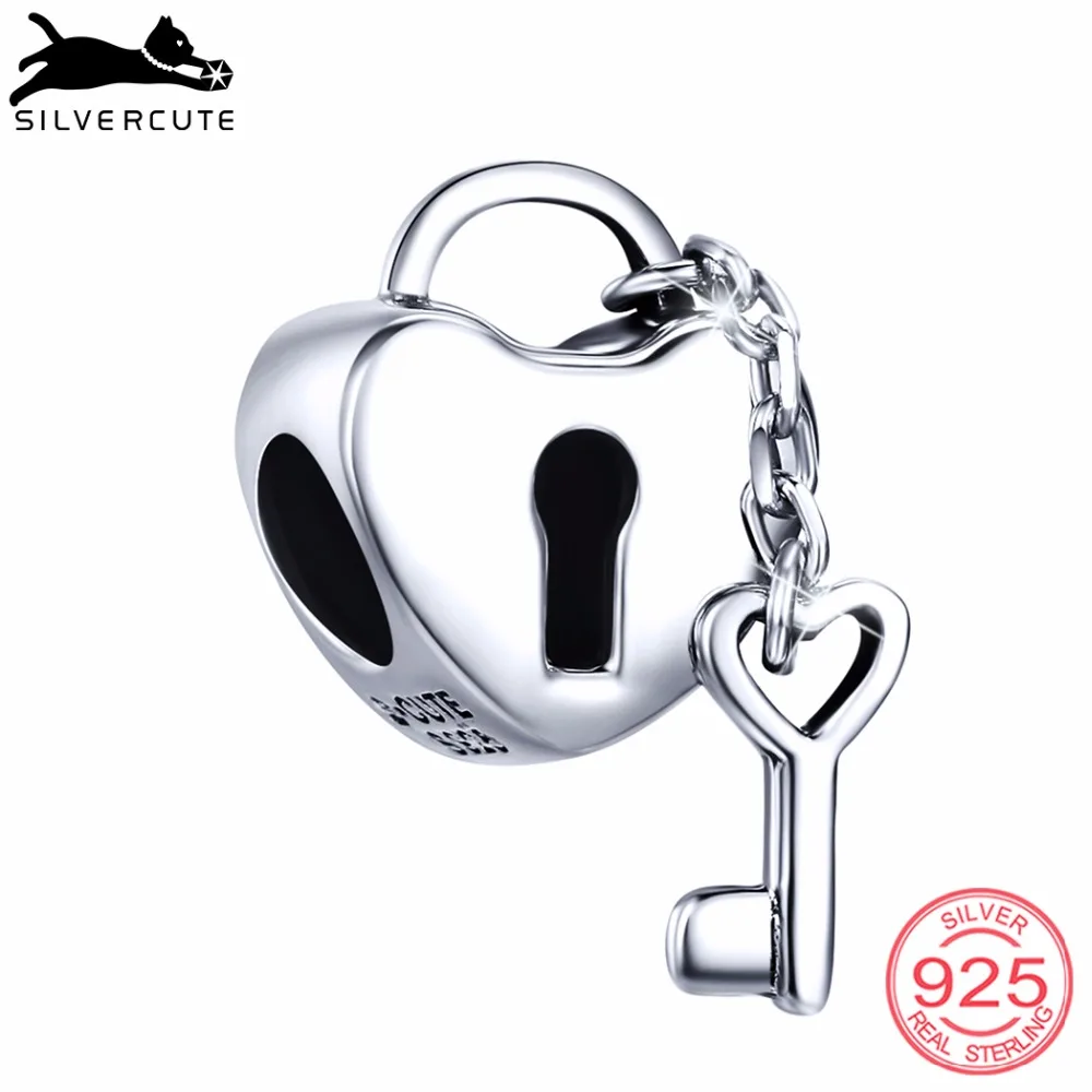 SILVERCUTE подлинный 925 стерлингового серебра ключ и замок в Сердце Бусина Шарм для