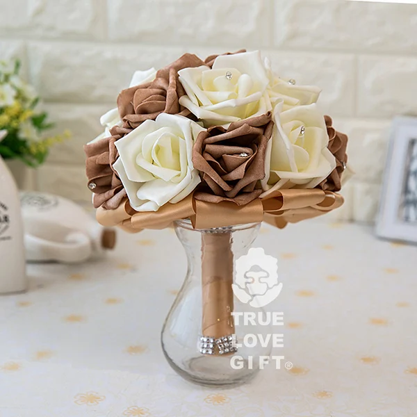 dark khaki and beige Дизайн романтические розы цветы Пена лента кристалл букет Искусственные цветы для свадьбы свадебные букеты подружки невесты украшения - Цвет: dark khaki and beige