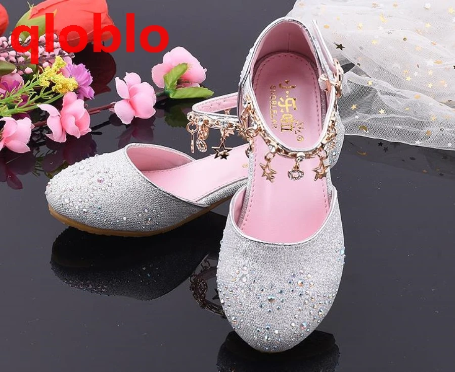 

qloblo Girls Children Princess Sandals High Heels Dress Shoes Kids Wedding Shoes Bowtie Gold PU Leather Shoes For Girls