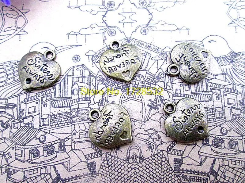 

20pcs-Sister подвески, античная тибетская бронзовая 2-сторонний Винтаж буквы Sister always знак "любящим сердцем Шарм Подвески, 14x15mm