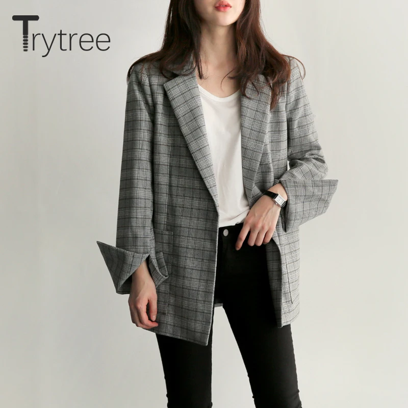 Женские офисные куртки Trytree серые клетчатые с поясом и бантом элегантные