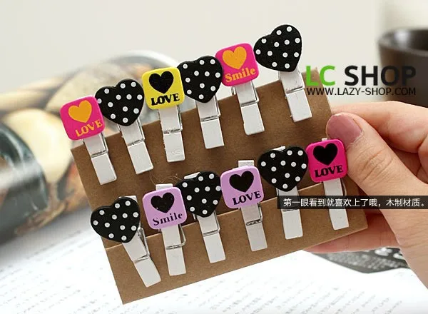 

12 pcs/pack Best Promotion Cute Heart Dots Wood Clip Mini Craft Pegs Cloth Photo Hanging Spring Clips pinch