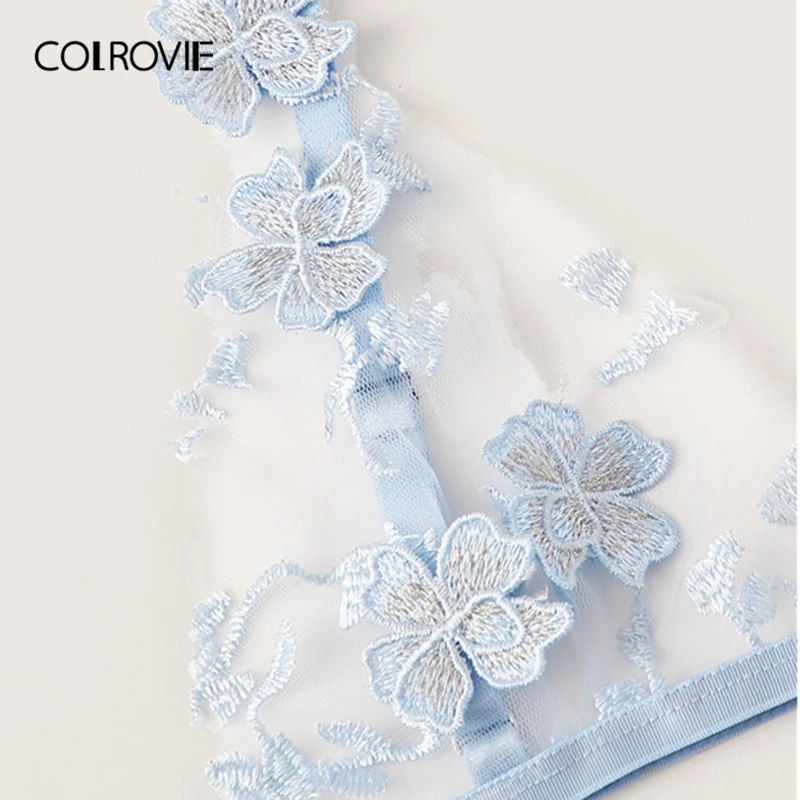 COLROVIE, комплект сексуального нижнего белья с синей аппликацией и подвязками, женское нижнее белье с чокером,, прозрачный бюстгальтер и стринги, комплект нижнего белья