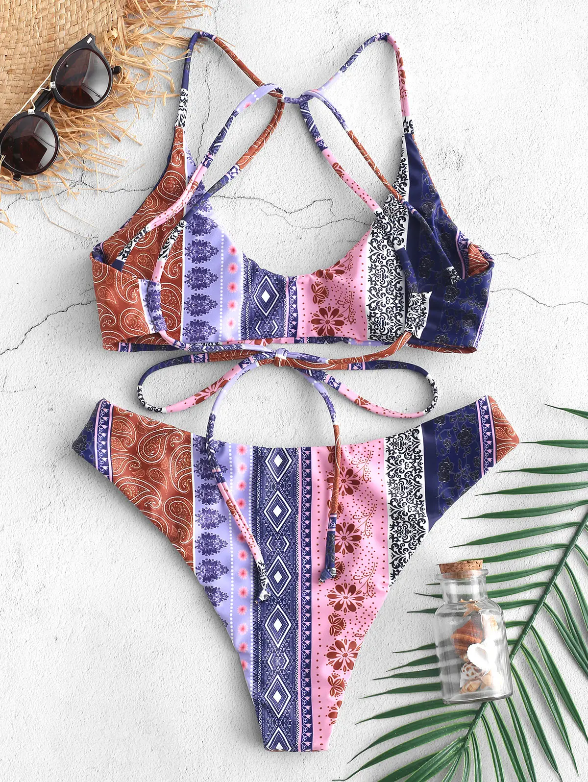 ZAFUL Женщины Этнические Цветочные Бикини Strappy Спагетти Ремни Провод Бесплатный Купальник Пейсли High Cut Сексуальные Купальники Biquini