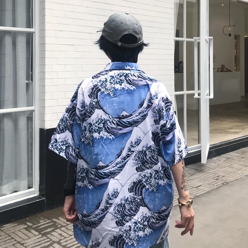 Женская Свободная блузка Harajuku с короткими рукавами и волнистым принтом летняя