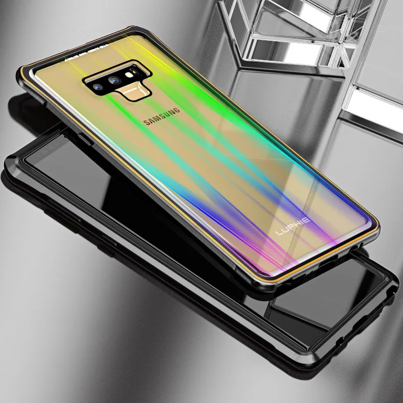 Black Gold LUPHIE для samsung примечание 9 чехол Роскошные Жесткий магнитного металла Алюминий сплав прозрачный Стекло противоударный Броня чехол для телефона 6,4 - Цвет: Black Gold