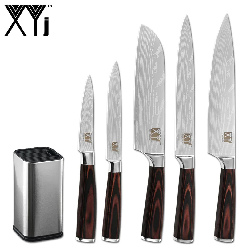C.6Pcs Set XYj дамасский нож из нержавеющей стали с узором 7CR17 цвет деревянная ручка шеф-повара нож подставка точилка бар заточка инструменты аксессуар - Цвет: C.6Pcs Set