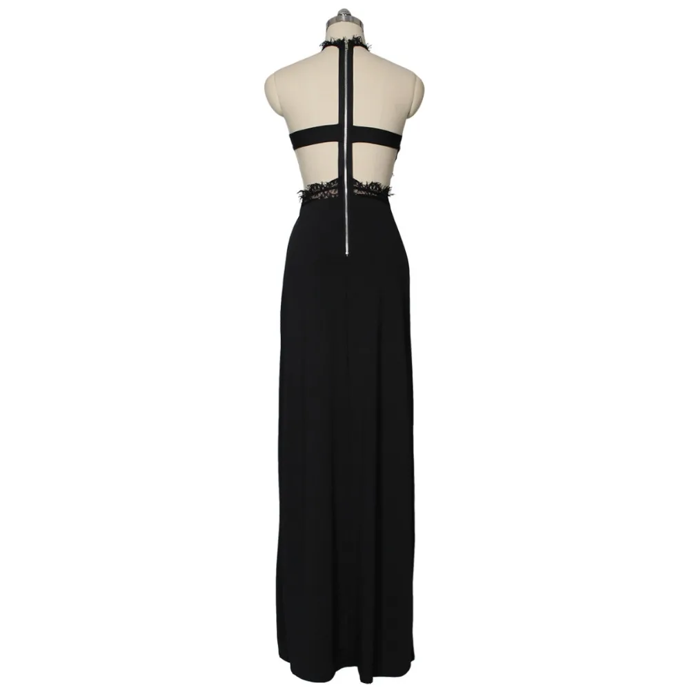 

Sexy See Through Lace Dress Summer Women Halter Sleeveless Backless High Split Solid Black Maxi Dress Women Elegant Party Dress