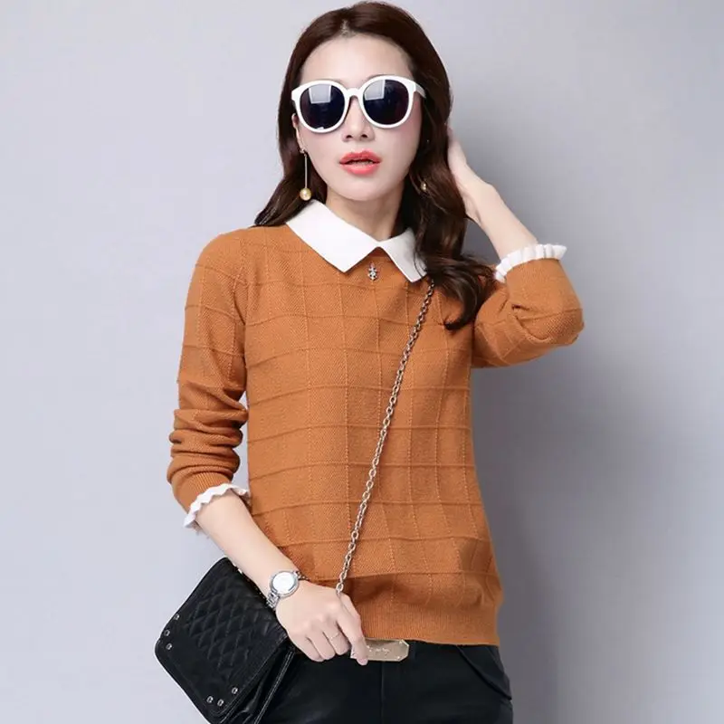 2018 весенне-осенний женский свитер с отворотным воротником пуловер вязаные