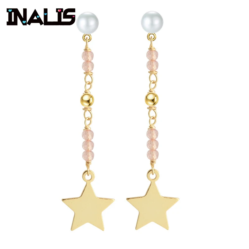 INALIS New Elegant Drop Earrings 925 Sterling Silver Star Pendant with Natural Pearl Black Pink Stone Dangle Brincos for Women | Украшения