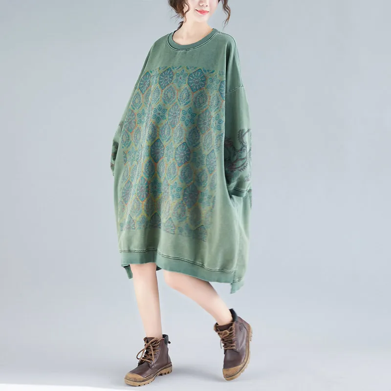 

Baggy Plus Size print Dress Long Sleeve O Neck Printed Vintage Dress Casual Bat Sleeve Extra Loose Knee Length Dress