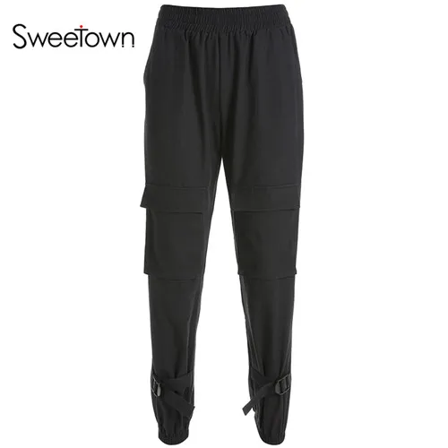 black Sweetown хиппи женские штаны карго уличная одежда черный хлопок хип хоп Pantalon Femme спортивные брюки с карманами Высокая талия брюки джоггеры - Цвет: black