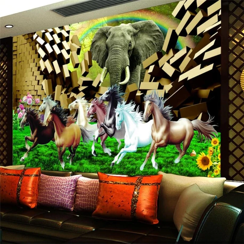 Пользовательские 3d обои слон лошадь пейзаж Фреска диван гостиная спальня ТВ фон