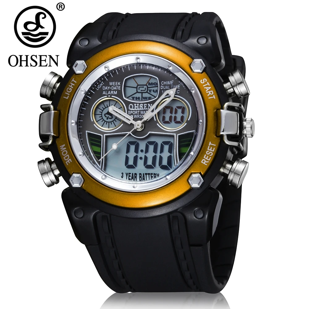 

OHSEN Fashion Design Mens 30m Swim Digital LED Quartz Dual Time Outdoor Sport Army Watch Clock With Rubber Strap Analog Relojoes