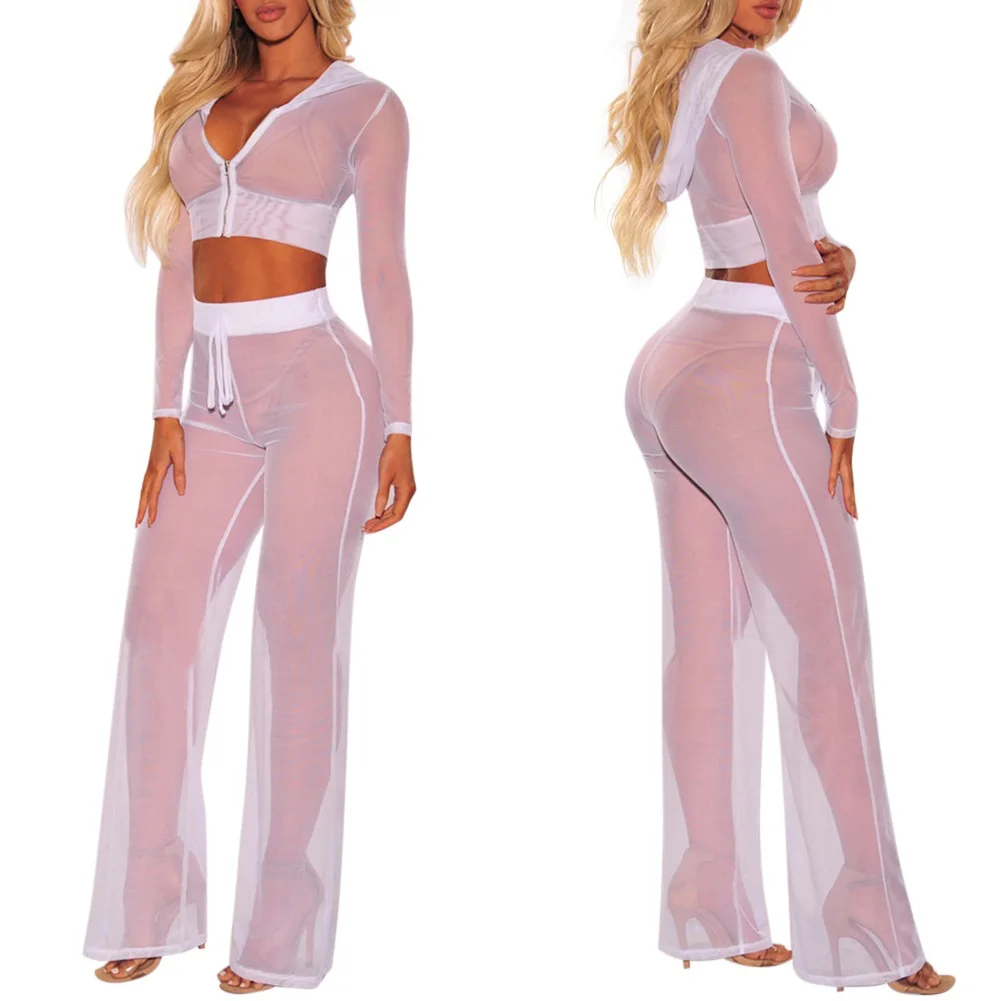 

New 2Pcs Woman Mesh Bikini Cover Up Hoodie Crop Tops and Pants Set Women Summer Sexy Beach Party Outfits