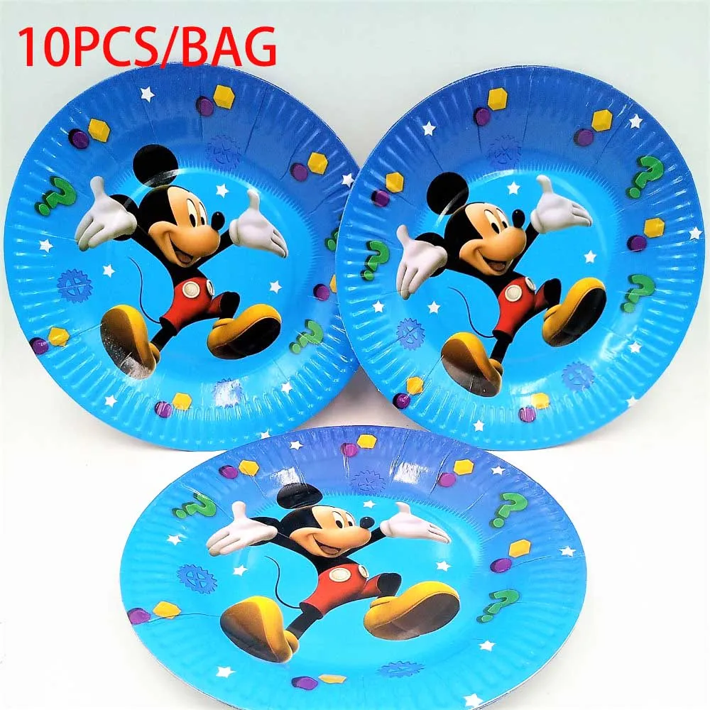 plates 10pcs Декоративные вилки Дисней Микки Маус на день рождения, ложки, ножи, чашки, тарелки, баннеры, шляпы, соломинки, Микки, вечерние украшения - Цвет: plates 10pcs