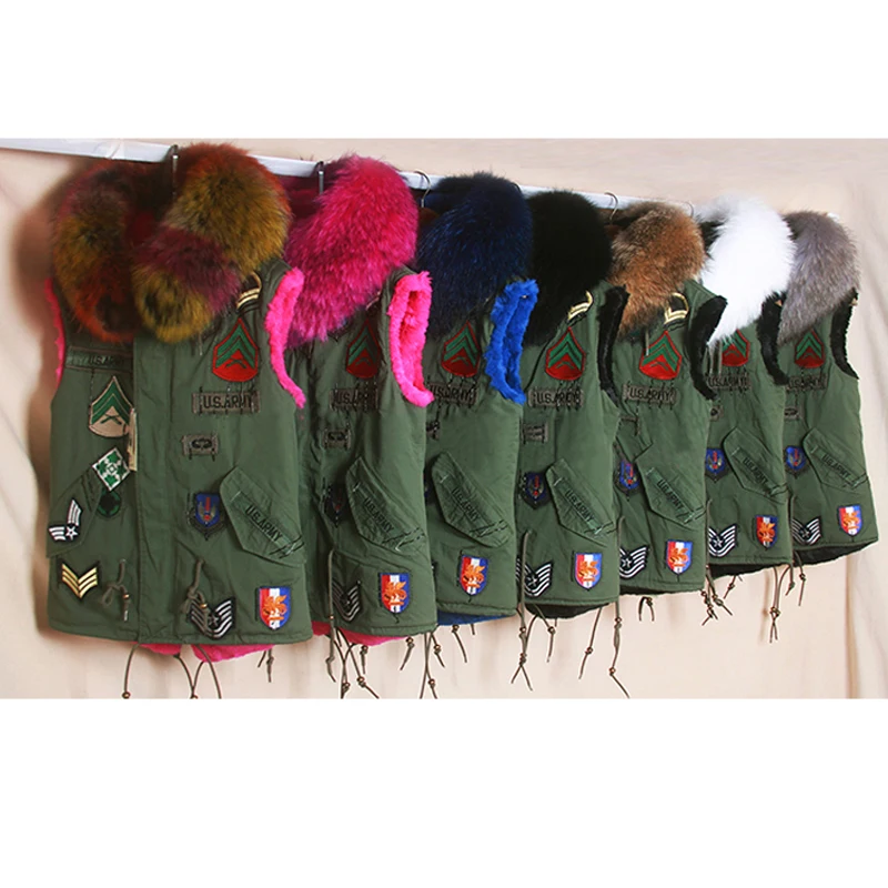 Меховая жилетка с капюшоном в английском стиле армейский зеленый цвет воротник
