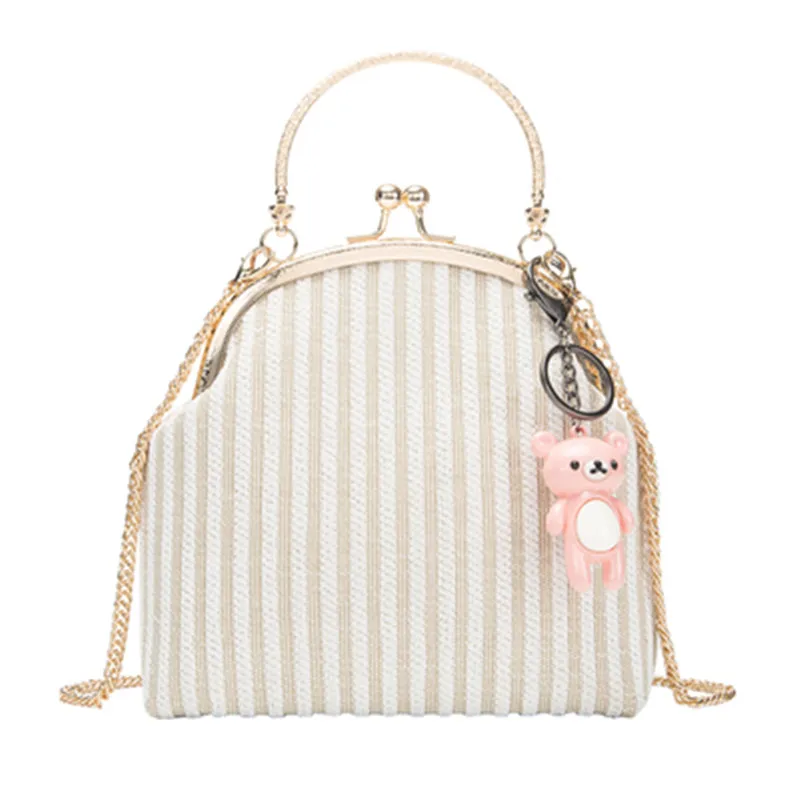 Vintage Ladies Shoulder Bags Bear Pendant Chain Crossbody Metal Handle Large Capacity Handbag For Women Striped Girls Bag | Багаж и сумки