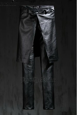 27-42 ! New Korean Version Men's Brand Fashion Fake Two-piece Leather Culottes Trousers Plus Size Leather Pants Costumes