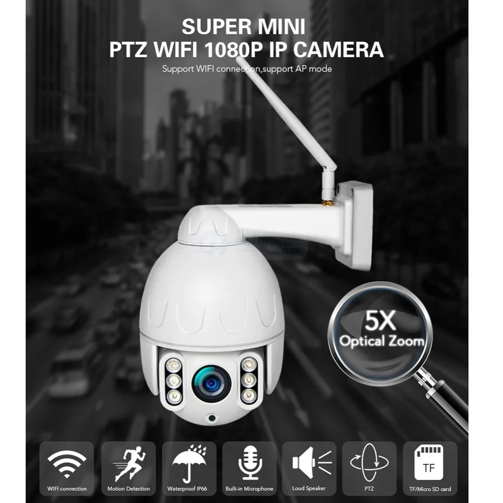 Мини PTZ wifi IP камера 1080P 5X ZOOM открытый купол беспроводной Onvif 2.0MP ночное видение 50 М