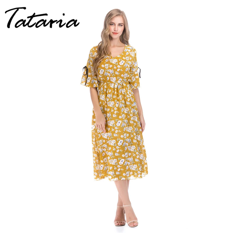 Женское шифоновое платье с цветами Tataria длинное высокой талией и коротким