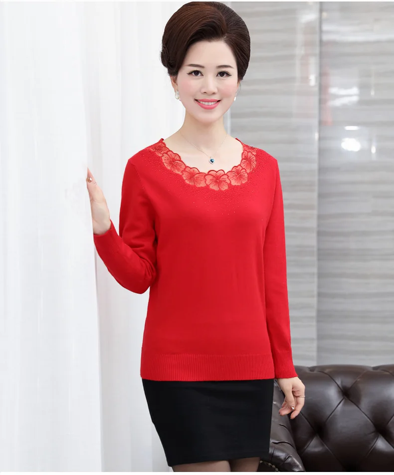 Spring Autumn New Middle-Aged Mother Pullover Sweater Fashion Lace Long Sleeves Sexy knitting Women X441 | Женская одежда