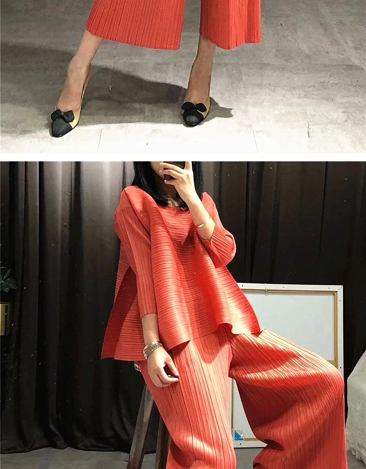 Changpleat свободные женские комплекты Miyak плиссированные модные однотонные свободные штаны и футболки из двух предметов женские костюмы плюс Размеры прилив