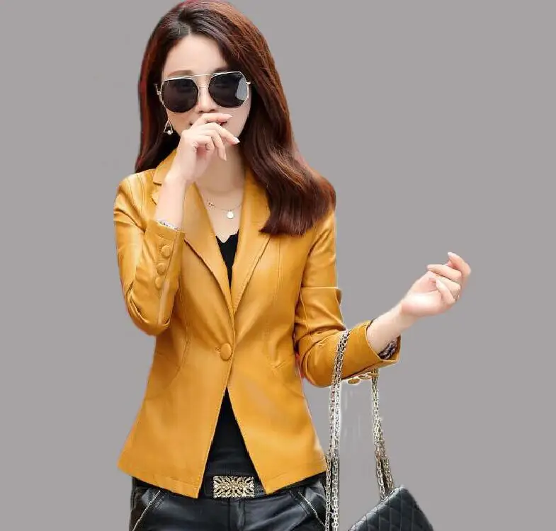 

Модные женские кожаные костюмы, верхняя одежда, новинка 2022, весенний короткий тонкий Блейзер, Женское пальто, женский костюм, желтый