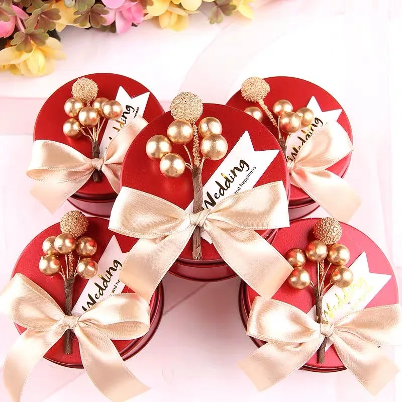 Red and Gold Ribbon Роскошная золотая круглая форма жестяная коробка конфет на свадьбу с ягодный цветок лента Металл маленькие вечерние сувениры Подарочные коробки шоколада - Цвет: Red and Gold Ribbon