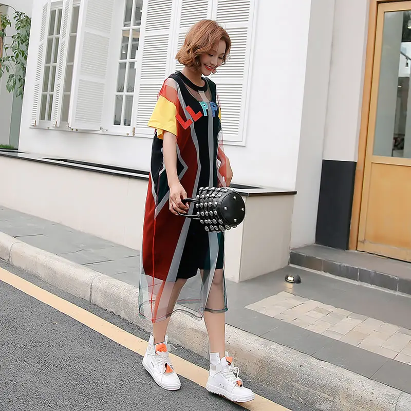 [XITAO] 2019 New Europe Casual Loose Patchwork Short Sleeve Pullover Dress O-neck Fashion Women Summer Mid-calf WBB3903 | Женская одежда