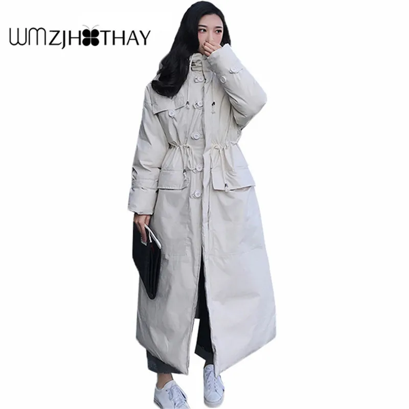 Женское пальто с капюшоном длинное Свободное выше колена большие размеры зима