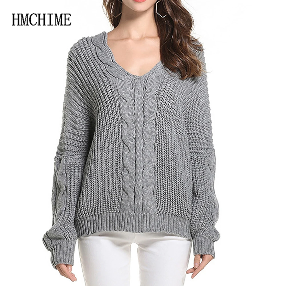 Loose Jacquard Women Sweater Double V Neck Pullovers Female Basic Tops Solid Ladies Cable-knit Shirt Classic Sweaters Mujer | Женская