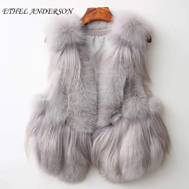 Ethel Anderson, натуральный Лисий мех, жилет для женщин, Vogue, короткий жилет с овечьим мехом, кисточками, Полный Пелт, Elegnat, без рукавов, жилет, куртка - Цвет: Light Grey