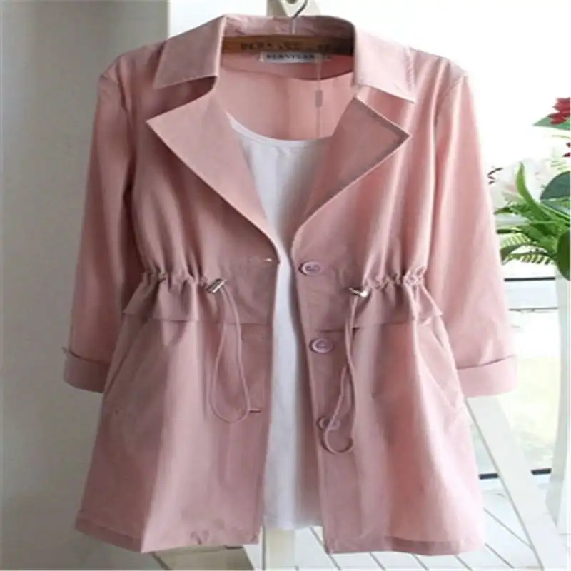 

New windbreaker female long section spring and summer new waist slimming slim solid color large size was thin cardigan coat DW1