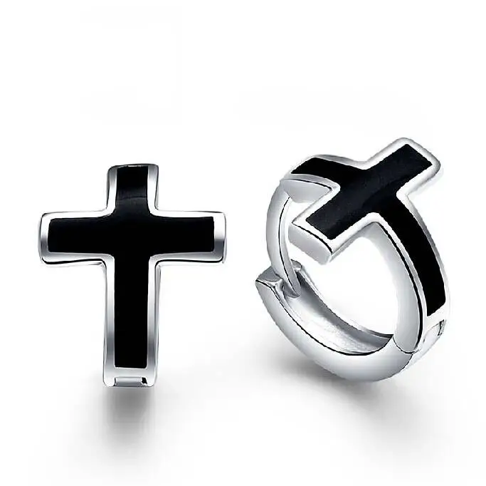 Мужские серьги гвоздики с черным крестом из стерлингового серебра 925 пробы