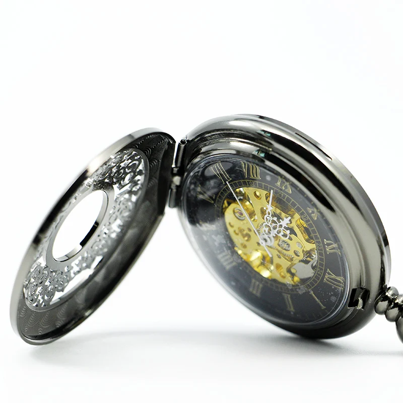 Black Exquisite Pattern Hollow Relief Fashion Mechanical Pocket Watch Retro Roman Numerals Steampunk Fob Chain Men's Watch