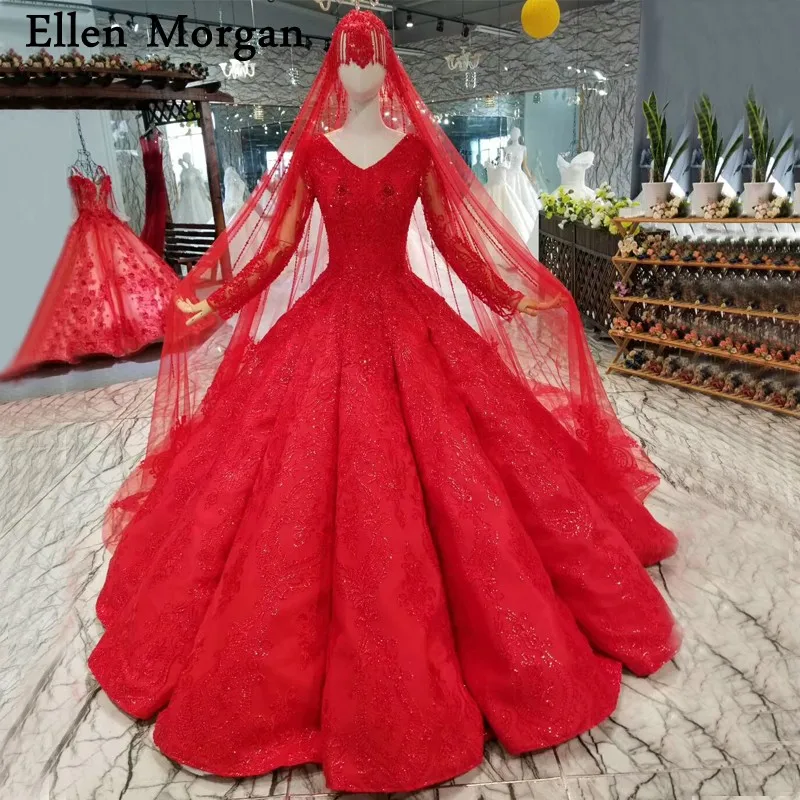 Muslim Long Sleeves Red Wedding Dresses 2019 for Women Vintage V NecK Floor Length Customized Ball Gowns Bridal with Veils | Свадьбы и